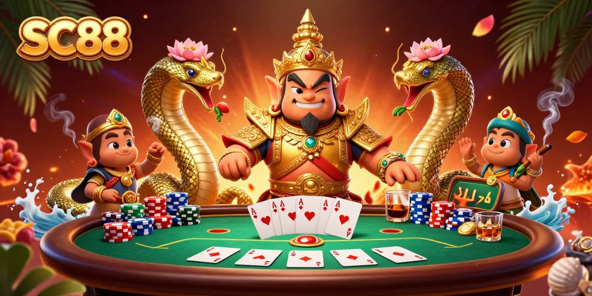 Engage with SC88's vibrant poker scene featuring a yaksha guardian and dynamic chips.