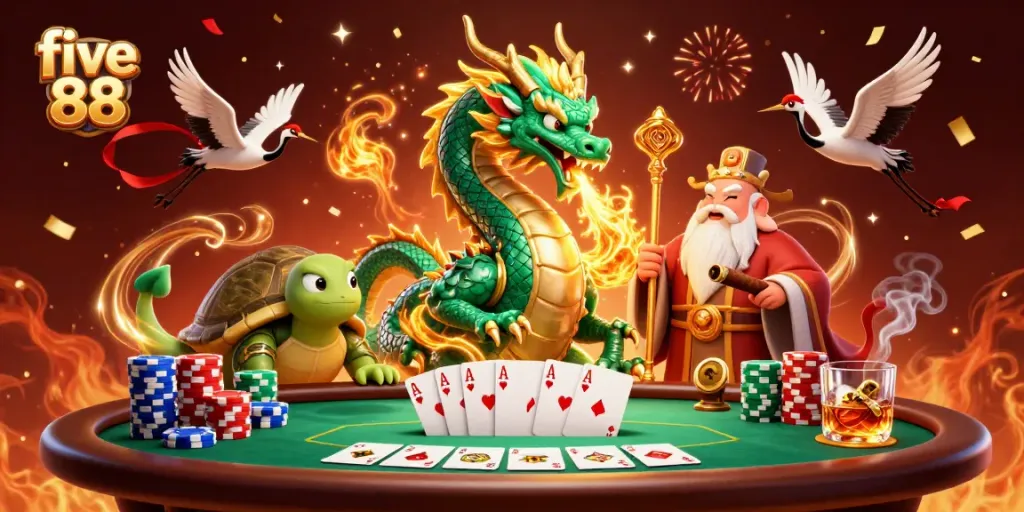Experience five 88 with a jade dragon and lucky cranes in a vibrant casino scene.