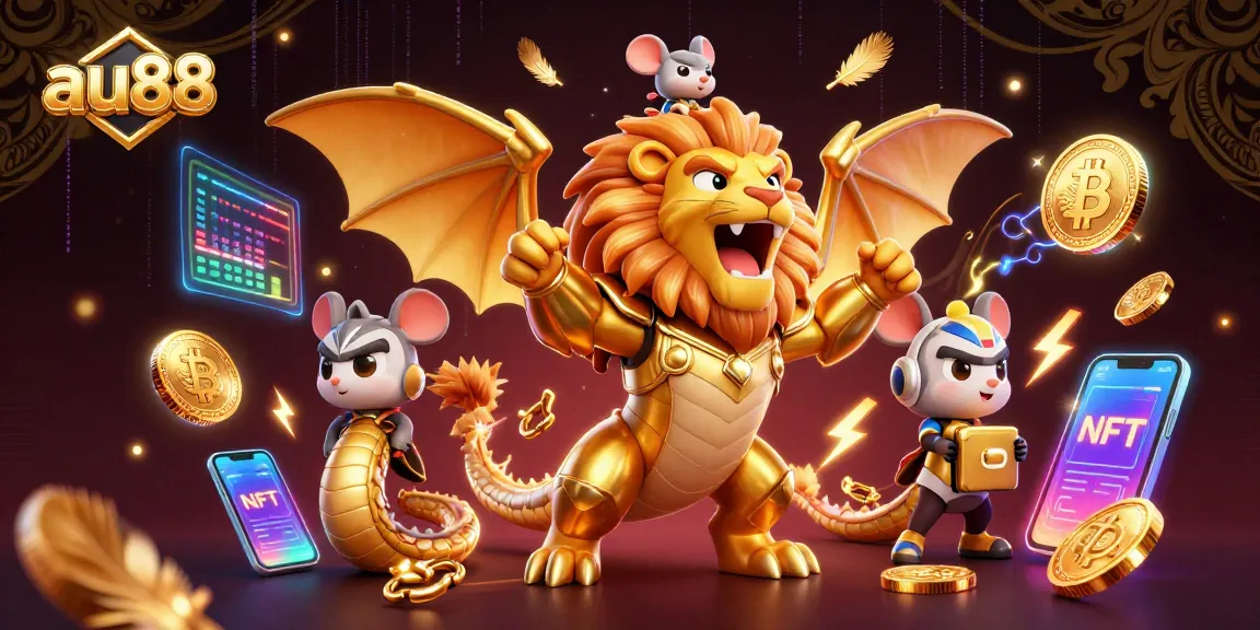 Play exciting games at au88 featuring a golden chimera and crypto elements in vibrant casino scene.