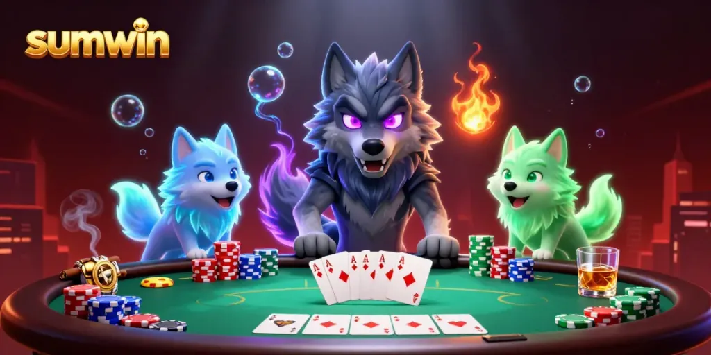 Experience thrilling gambling action with sumwin in a vibrant 3D casino scene filled with poker elements.