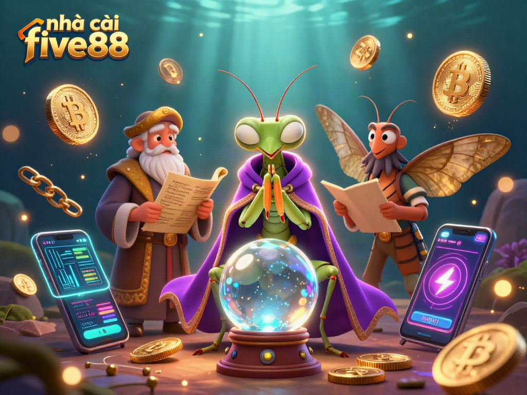 Engage with nhà cái five88 featuring a mystical scene of fortune tellers and crypto elements.