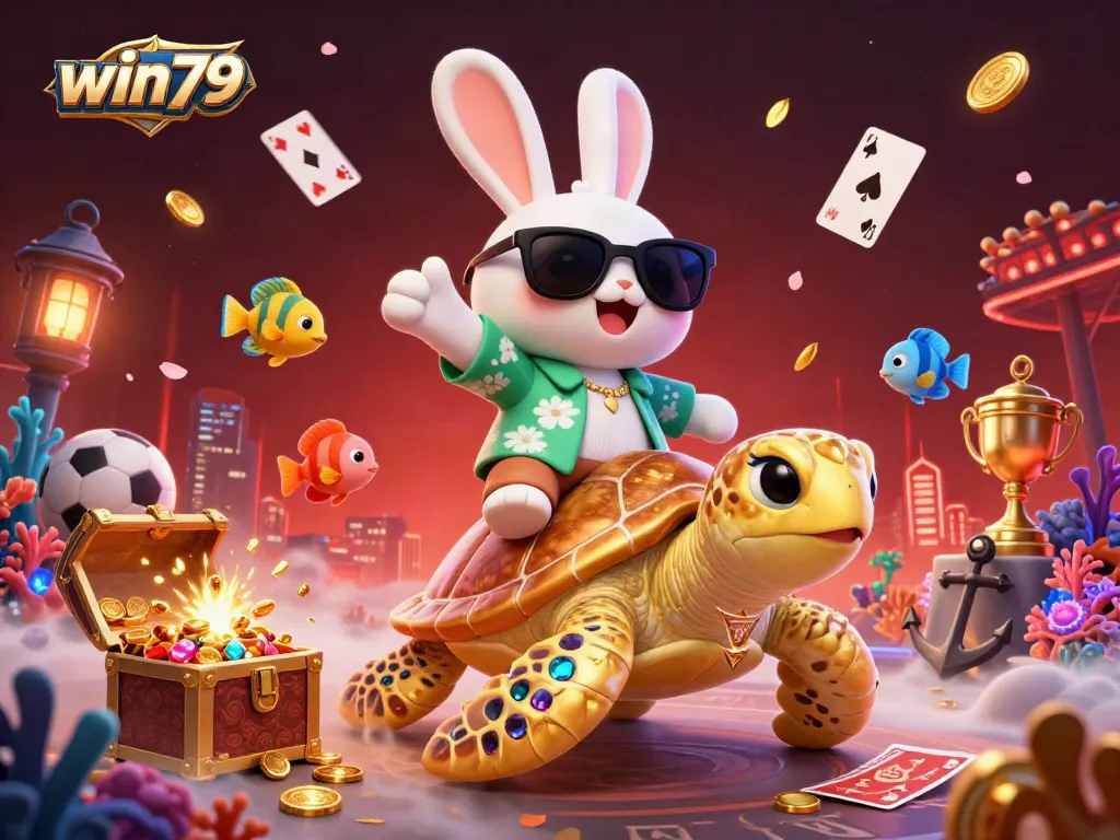 Engage with win79's vibrant sports betting scene featuring a lucky rabbit and golden turtle in a captivating underwater world.