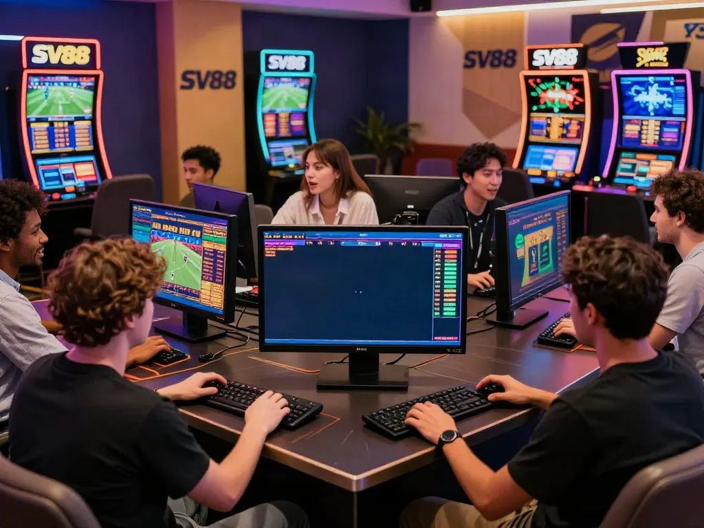 Exciting gaming atmosphere at https://playsv88.net/ with players enjoying live casino and sports betting.