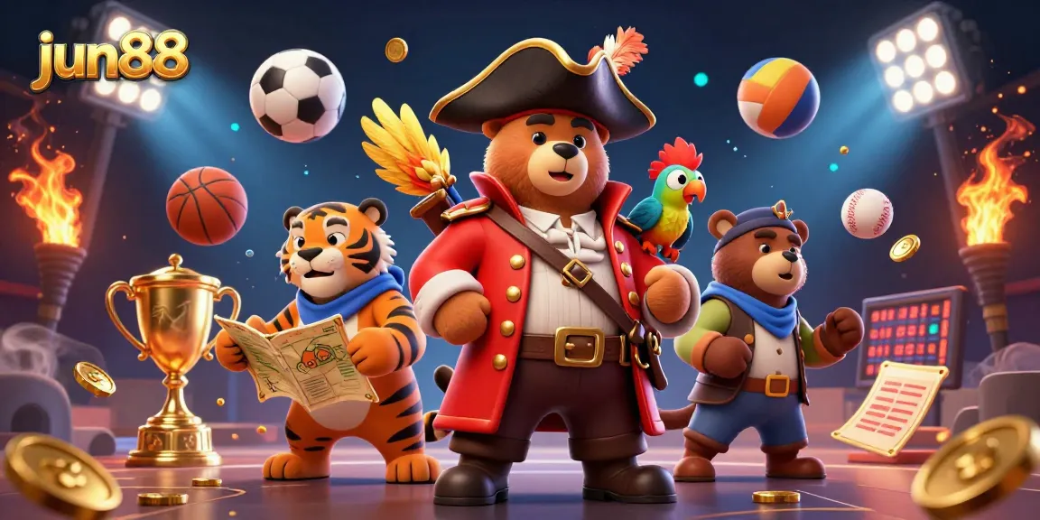 Experience thrilling gaming at jun88 with the pirate bear and friends amidst sports excitement!