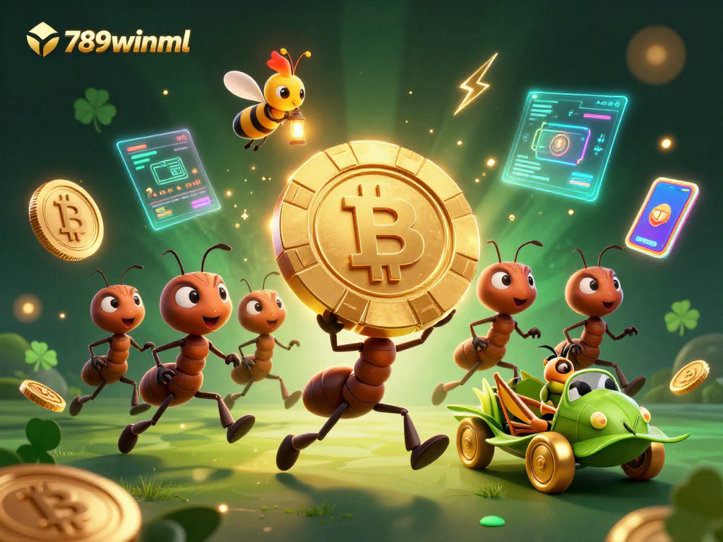 Join the thrilling action of 789winml as playful ants execute a grand poker heist amidst neon crypto elements.
