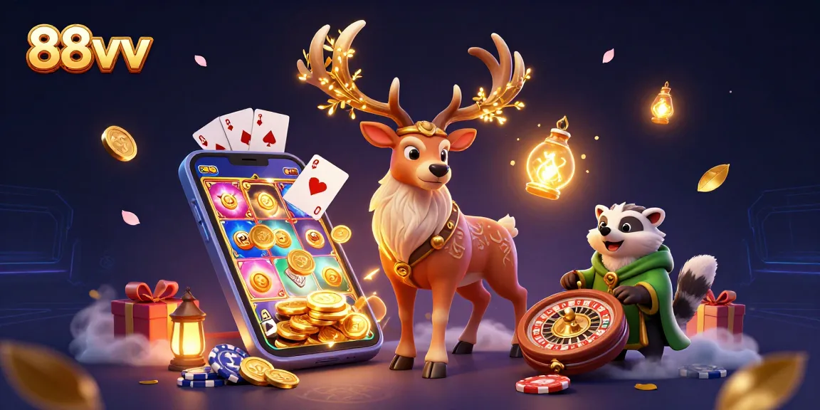 Experience thrilling gameplay at 88vv with a vibrant scene of slot games, mystical characters, and enchanting visuals.