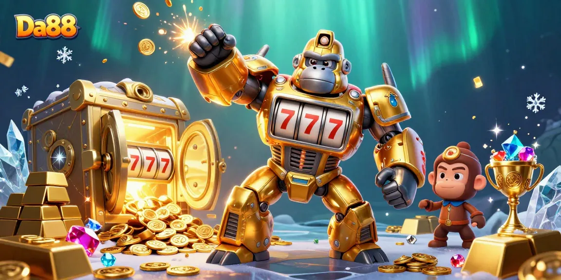 Engage in thrilling gameplay with Da88's golden gorilla mech bursting with treasure in a vibrant casino