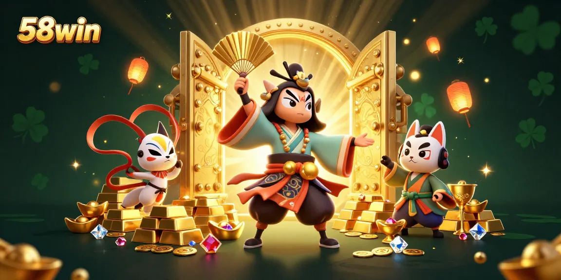 Experience thrilling wins at 58win with vibrant characters and golden treasures in online gaming.