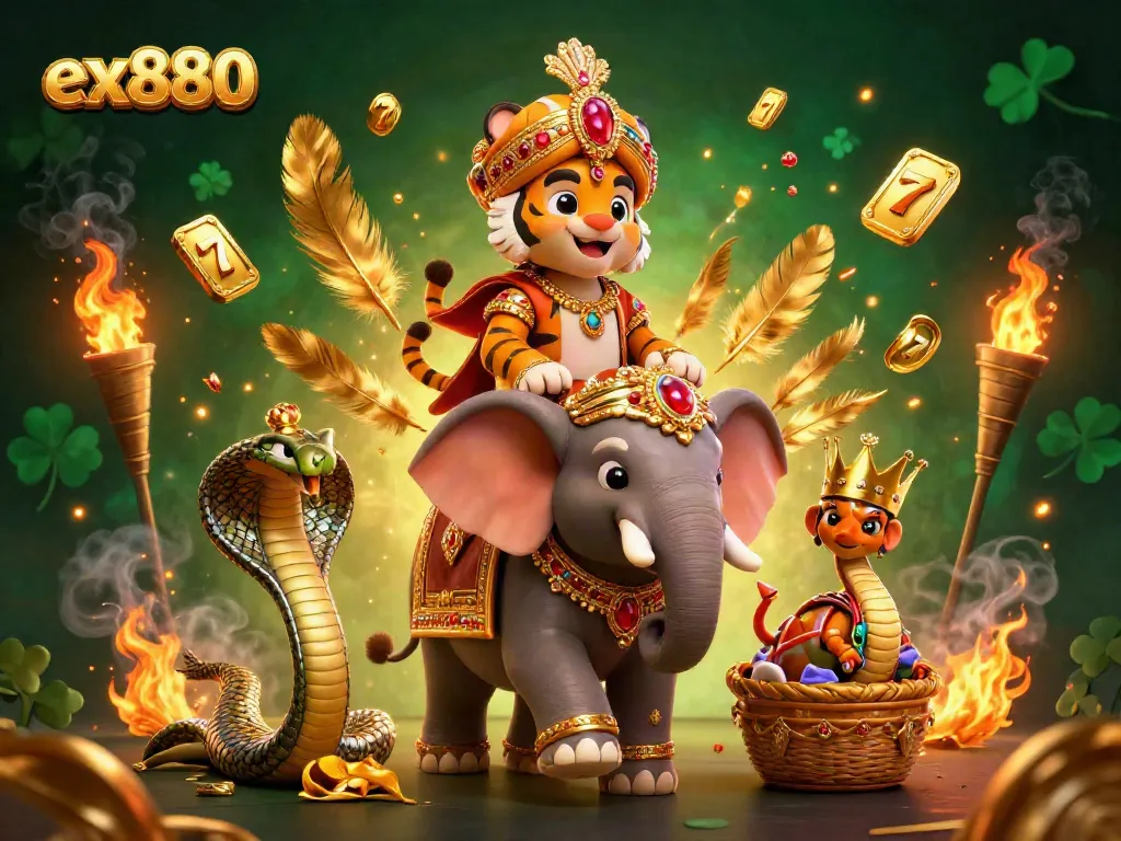 Spin the reels at ex880 with a vibrant 3D illustration of a maharaja tiger and a jewel-encrusted elephant.