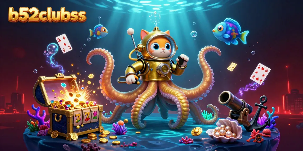 Engage in thrilling gaming at b52clubss with a kraken guarding treasure and a diving cat.