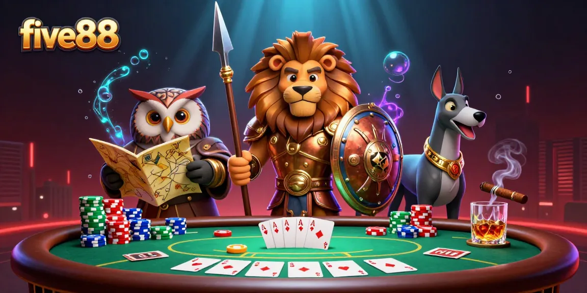 Engage with five88 in an action-packed poker scene featuring a heroic lion and strategic owl!