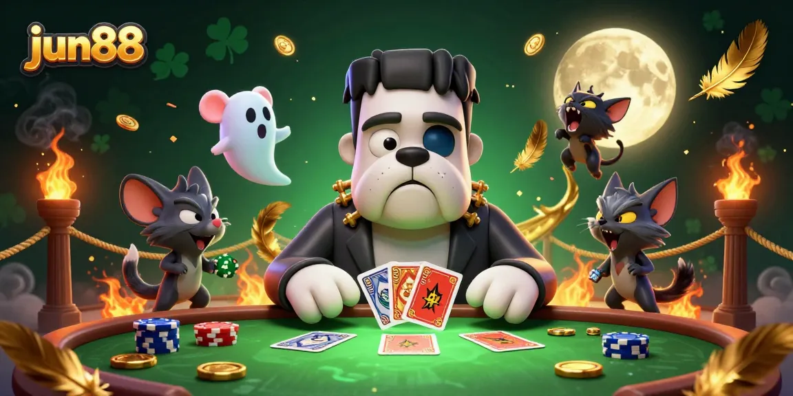 Experience thrilling card games at jun88 with a spooky atmosphere featuring a Frankenstein bulldog dealer and ghost mouse.