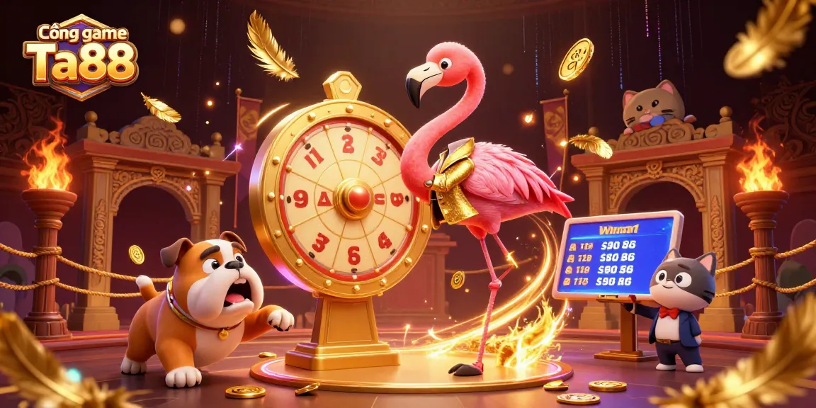 Cổng game Ta88 offers an exciting casino experience with engaging characters in a dynamic prize scene.