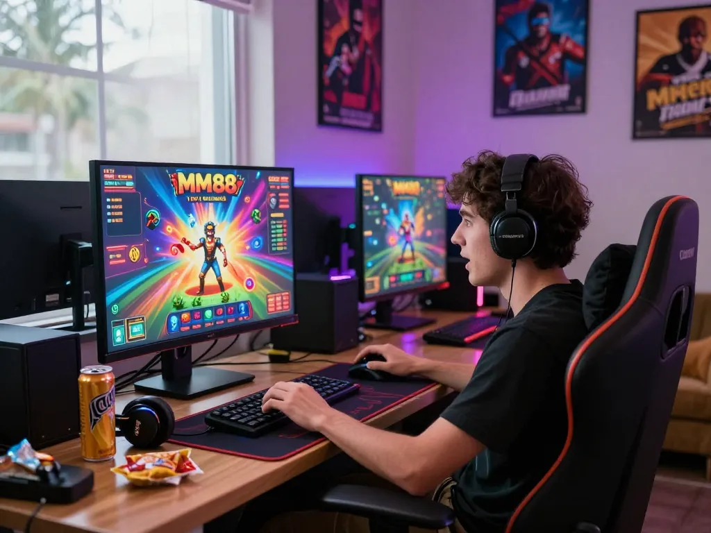 Engaging player immersed in MM88 online gaming experience with vibrant graphics.