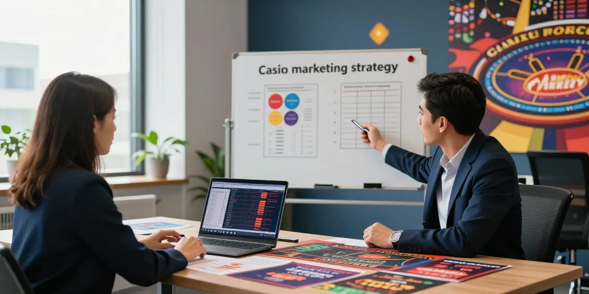 Casino PBN anchor text strategy meeting with marketing experts analyzing data in a modern office.