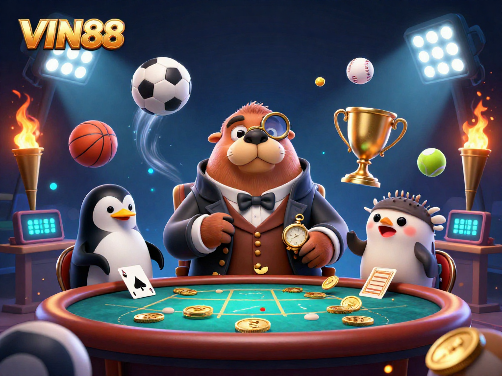 Experience the thrilling world of VIN88 with an engaging poker scene featuring unique underwater characters.
