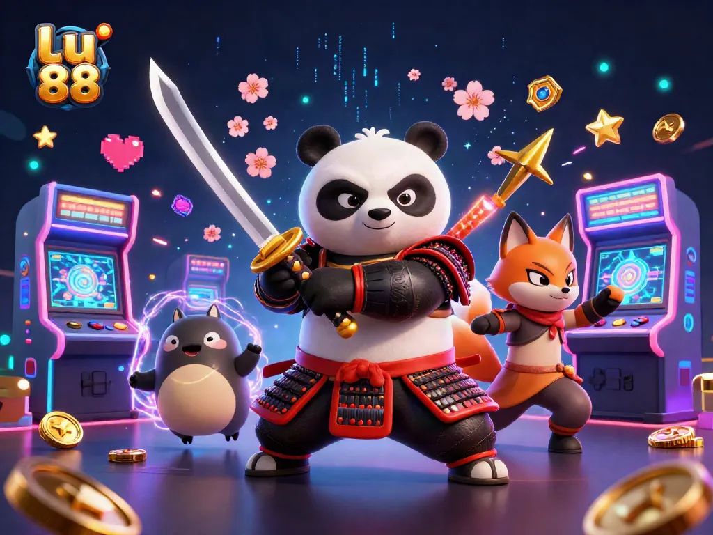 Experience the excitement of lu 88 with a vivid 3D scene featuring samurai panda, ninja fox, and magical tanuki