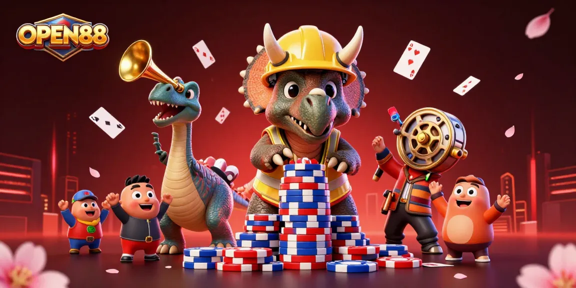 Engage with OPEN88 in a vibrant casino realm featuring a cheerful dinosaur duo and dynamic gaming elements.