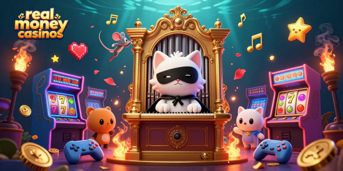 Engage in real money casinos with a 3D cartoon phantom cat at an ornate organ surrounded by vibrant gaming elements.