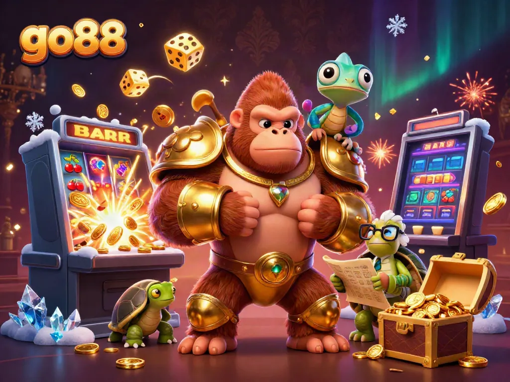 Join the excitement of go88 with a powerful gorilla king, treasures, and vibrant casino elements!