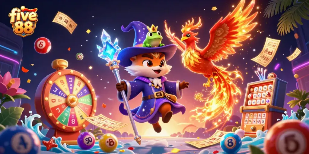 Engage with five 88 in this dynamic illustration showcasing vibrant lottery and casino elements.