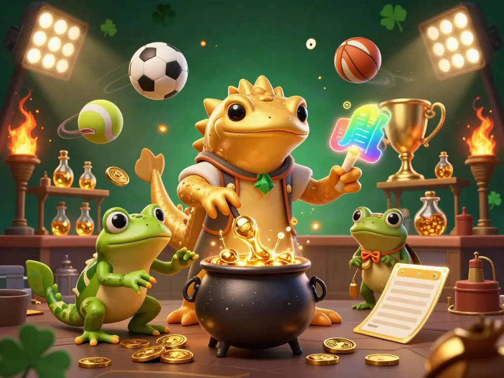 Experience fabet’s thrilling gaming with a golden alchemist conjuring sports excitement, gold coins, and trophies.
