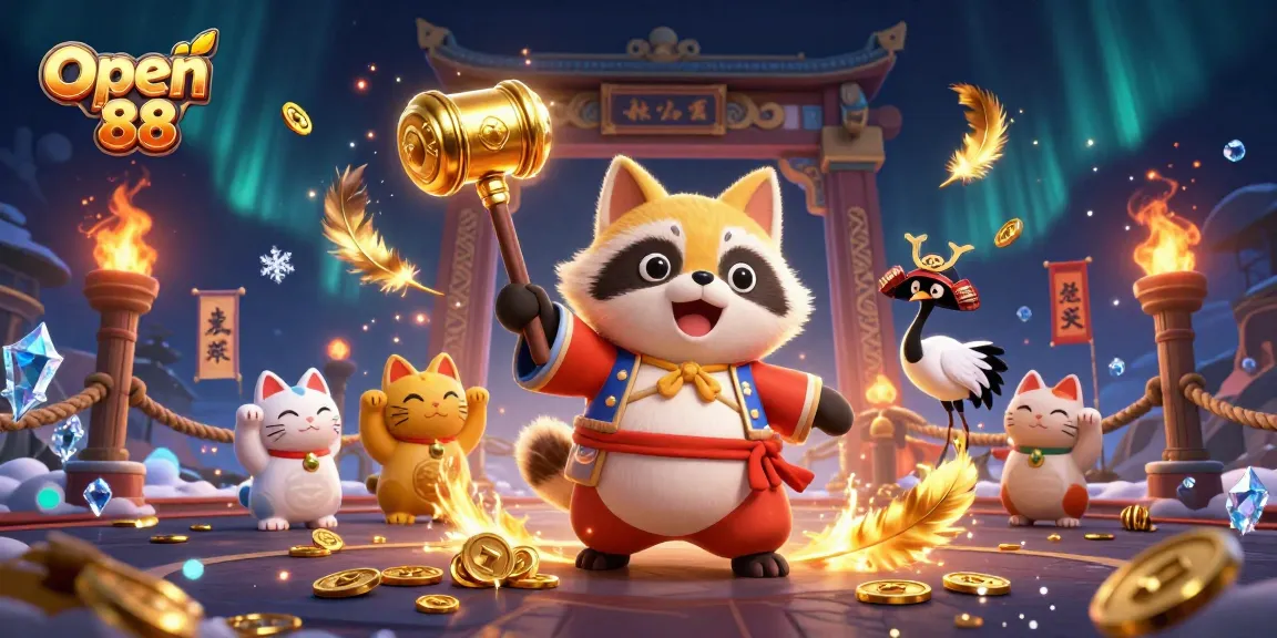 Experience Open 88's vibrant casino scene with cheerful characters, dynamic gaming elements, and exciting action.