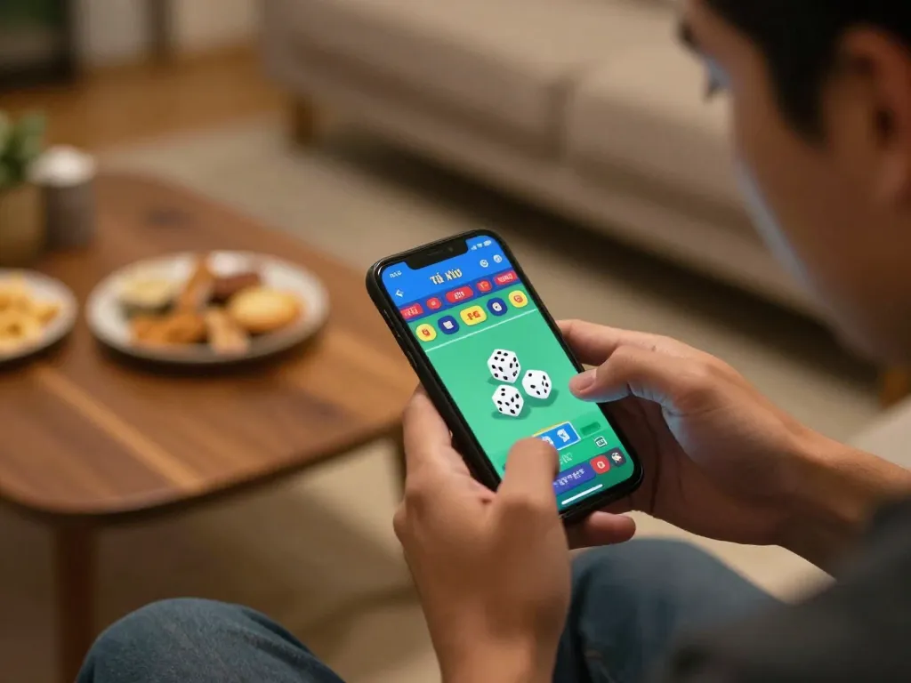 Player placing a bet on game tài xỉu online, showcasing active gameplay on smartphone in a cozy home setup.