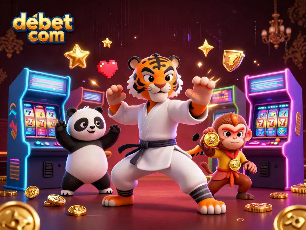 Engage with the vibrant and thrilling world of debet com featuring a cartoon kung fu tiger, panda, and monkey in an exciting casino atmosphere.
