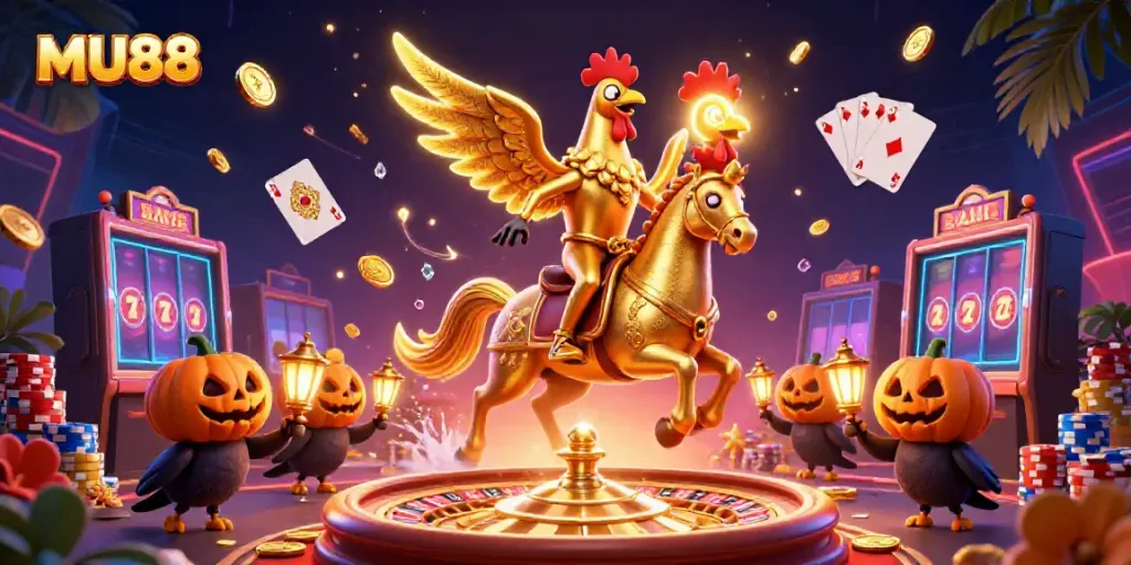 Experience exciting gameplay at MU88 with golden rooster characters in a vibrant casino.