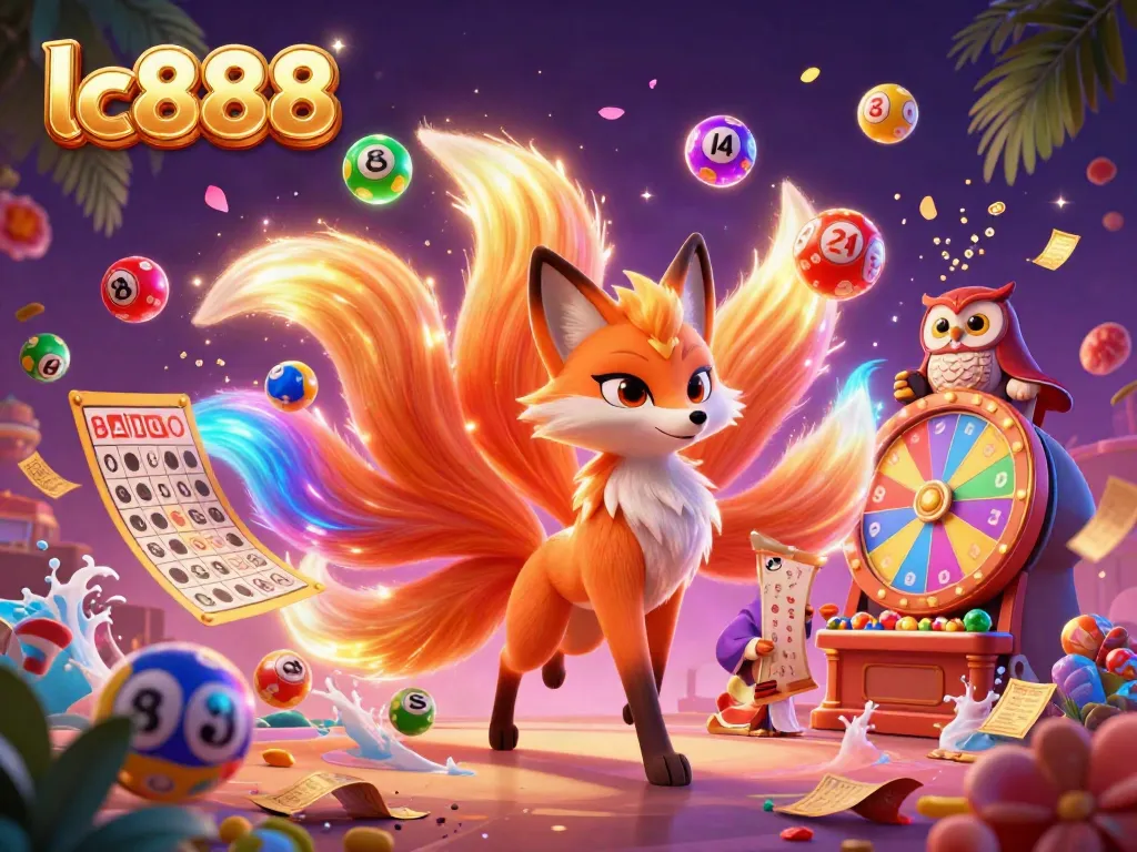 Engage with lc888's vibrant casino experience featuring a nine-tailed fox spirit, colorful lottery balls, and a lively atmosphere.