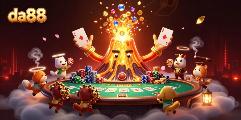Celebrate big wins at da88 with a volcano erupting coins, a poker table, and tiny explorers