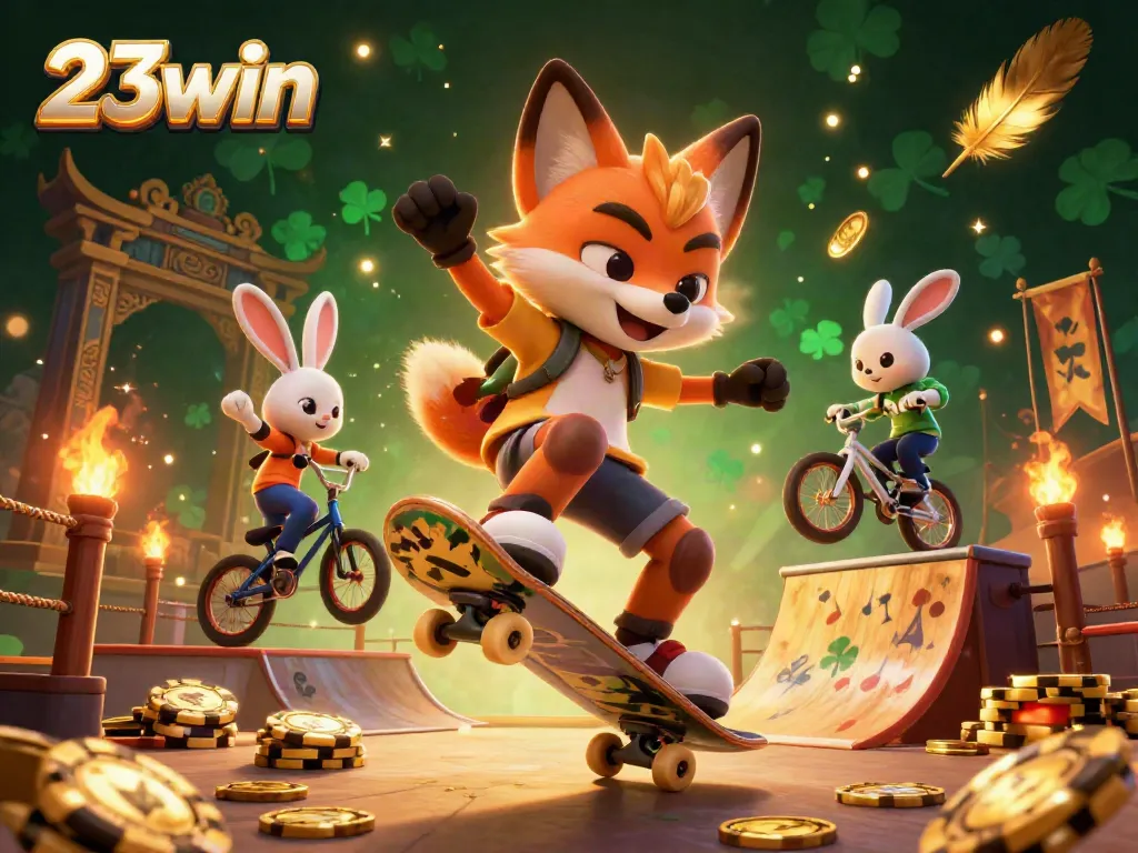 Experience thrilling gambling with 23win in an energetic scene with a skateboarder fox and BMX rabbit.