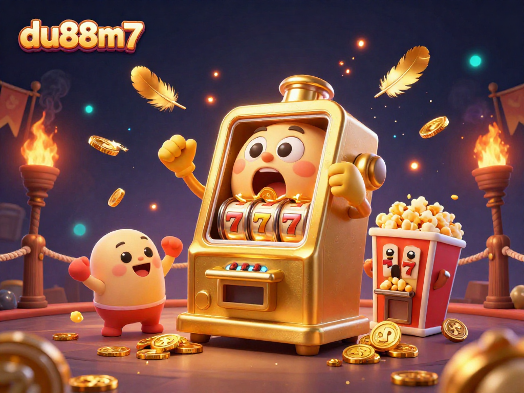 Experience big wins with du88m7 as a cheerful golden slot machine hits a jackpot, coins spilling everywhere.