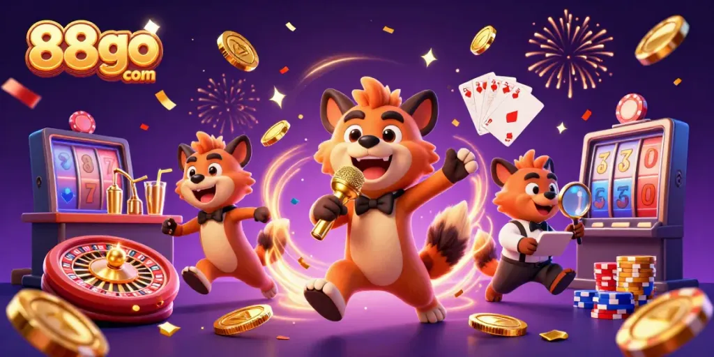 Experience the vibrant comedy atmosphere of 88go com with playful hyenas in a lively casino setting.