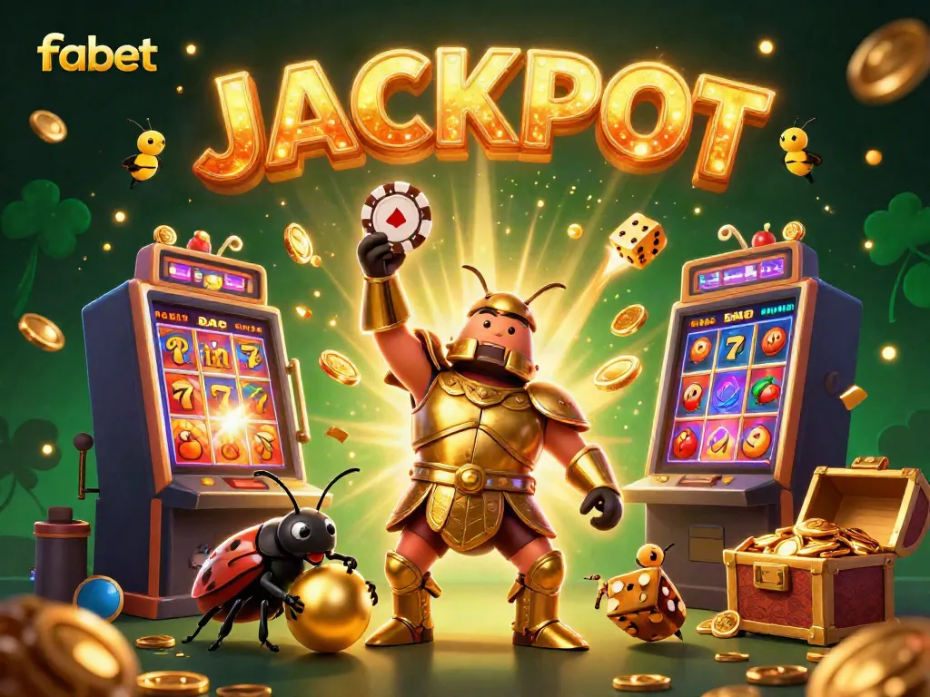 Experience a jackpot with fabet’s vibrant casino celebration featuring a victorious beetle amid playful animations and rich gaming elements.