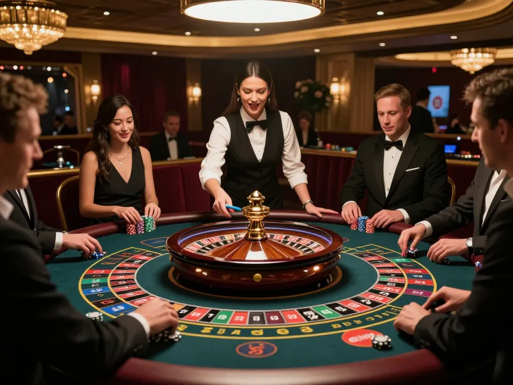 Players enjoying a thrilling game of roulette at an upscale casino, featuring XX88’s attractive layout.