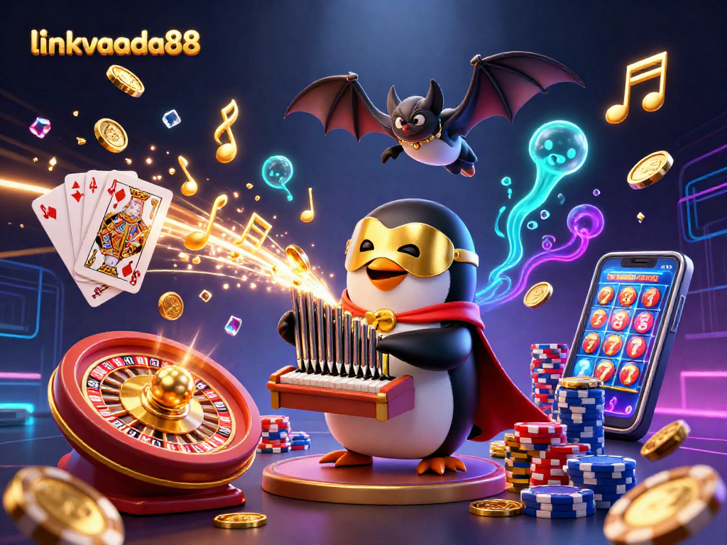 Experience thrilling adventures with linkvaoda88 in a vibrant 3D casino scene featuring exciting game elements.