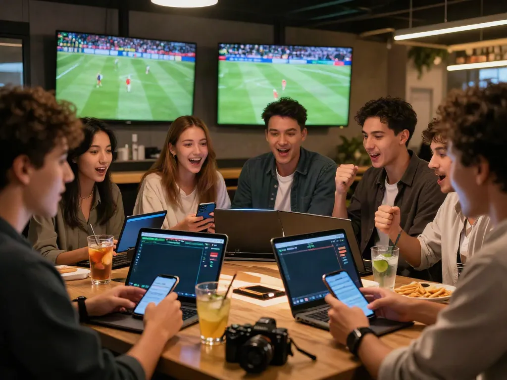 Exciting group betting experience at https://net88.broker/ with vibrant sports action and modern bar setting.