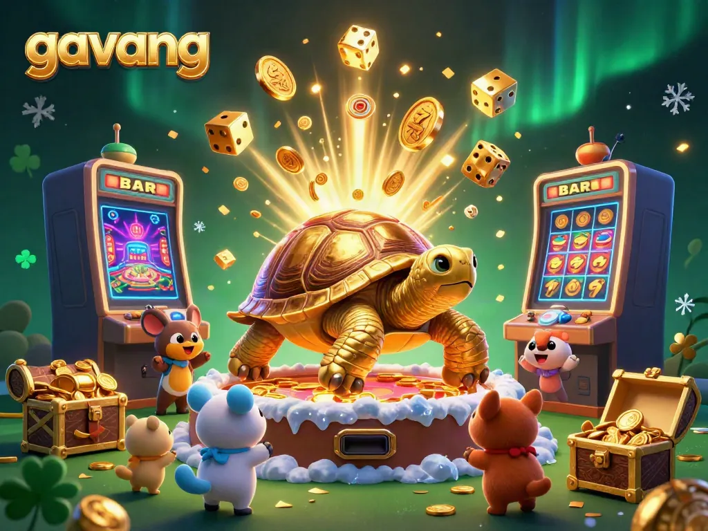 Experience the vibrant gambling fun at Gavang with a lively casino scene including slot machines and golden tortoises.