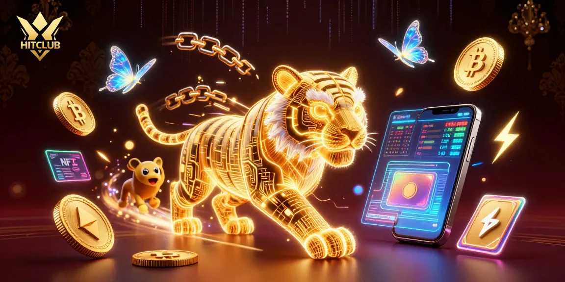 Experience gaming excitement at HITCLUB with a neon golden tiger in a vibrant digital casino landscape.