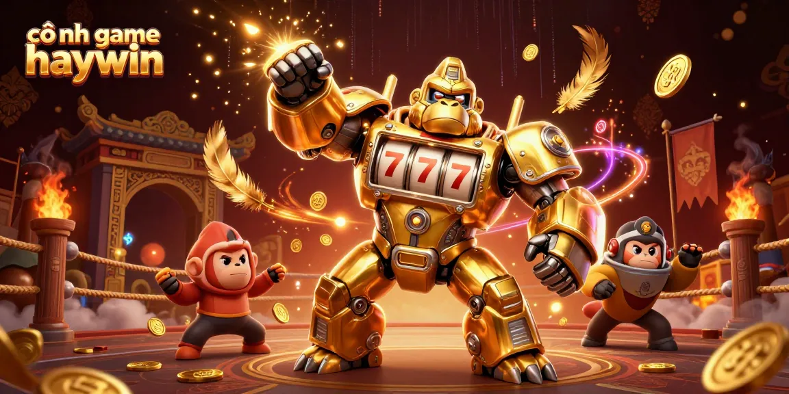 Engage in action-packed gaming with cổng game haywin's dynamic 3D cartoon gorilla mech surrounded by vibrant casino elements.