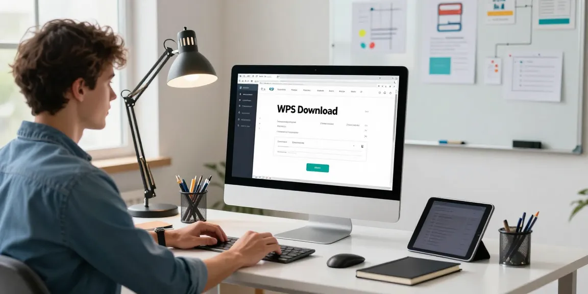 Professional workspace highlighting WPS Download process with a young man using a computer in a modern office.