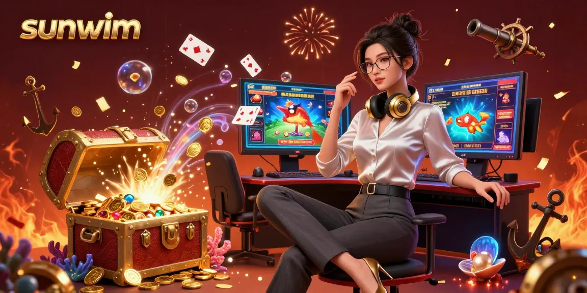 Experience winning moments with sunwim surrounded by a vibrant casino setup and dynamic gaming elements.