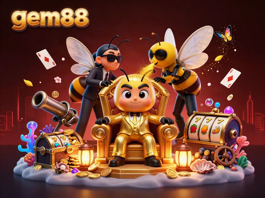 Experience thrilling gambling adventures with gem88, featuring cartoon characters in a vibrant casino setting.
