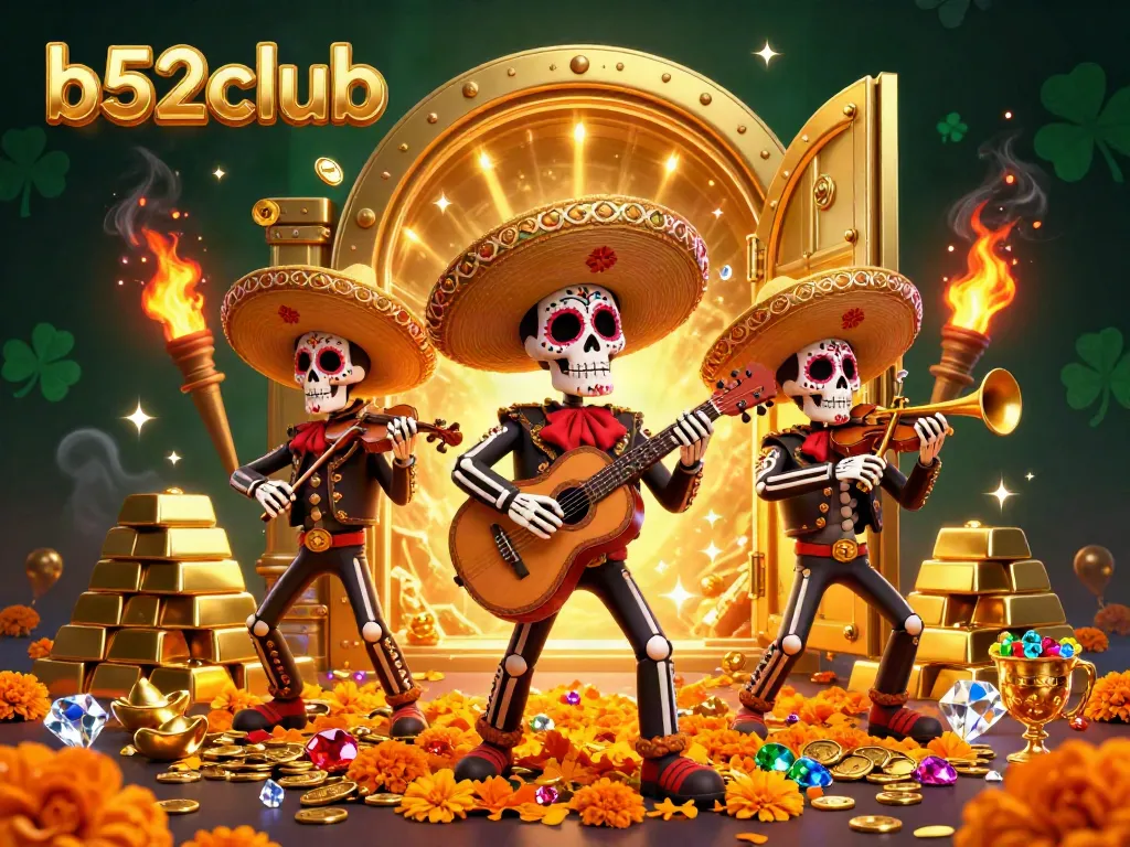 Experience the vibrant world of b52club as a skeleton mariachi band plays amid golden treasures, showcasing lively casino culture.