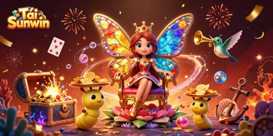 Tải Sunwin by playing vibrant casino games with a vivid butterfly queen illustration.
