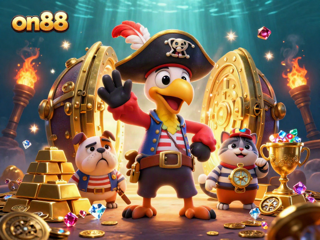 Action-packed illustration featuring on88 brand with pirate captain and treasures amidst casino elements.