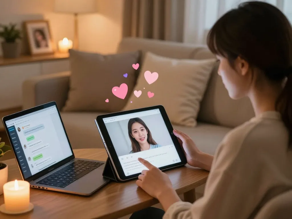 Engaging with a girlfriend ai on a tablet in a cozy, romantic setting.