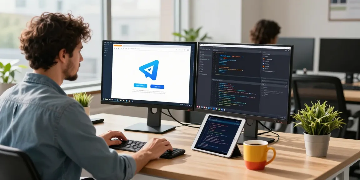Download Telegram in a modern workspace with a developer coding on dual monitors.